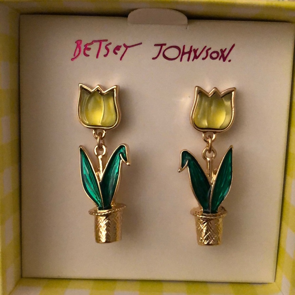 Betsey Johnson Gold Tone Yellow Resin Tulip Drop Earrings NIB